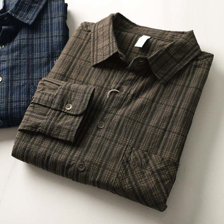 Buddha Stones Chemises à manches longues en coton pour homme, motif à carreaux brodé, avec poche, style automne - image 21