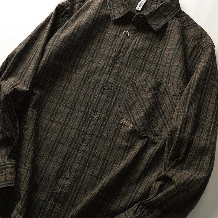 Buddha Stones Chemises à manches longues en coton pour homme, motif à carreaux brodé, avec poche, style automne - image 7