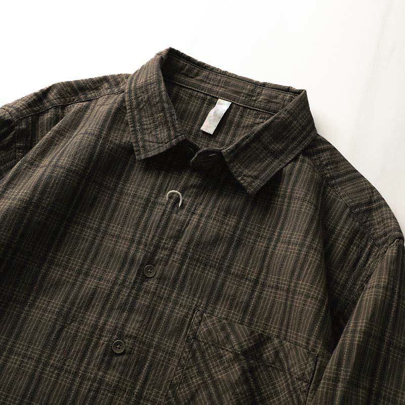 Buddha Stones Chemises à manches longues en coton pour homme, motif à carreaux brodé, avec poche, style automne - image 4