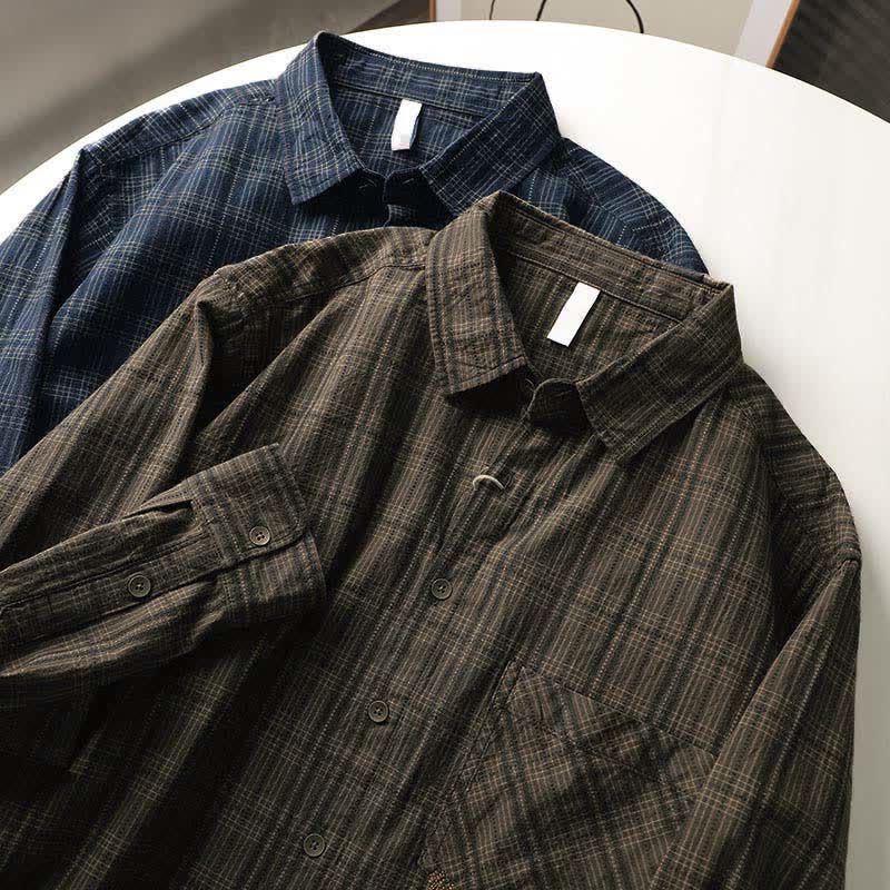 Buddha Stones Chemises à manches longues en coton pour homme, motif à carreaux brodé, avec poche, style automne - image 18