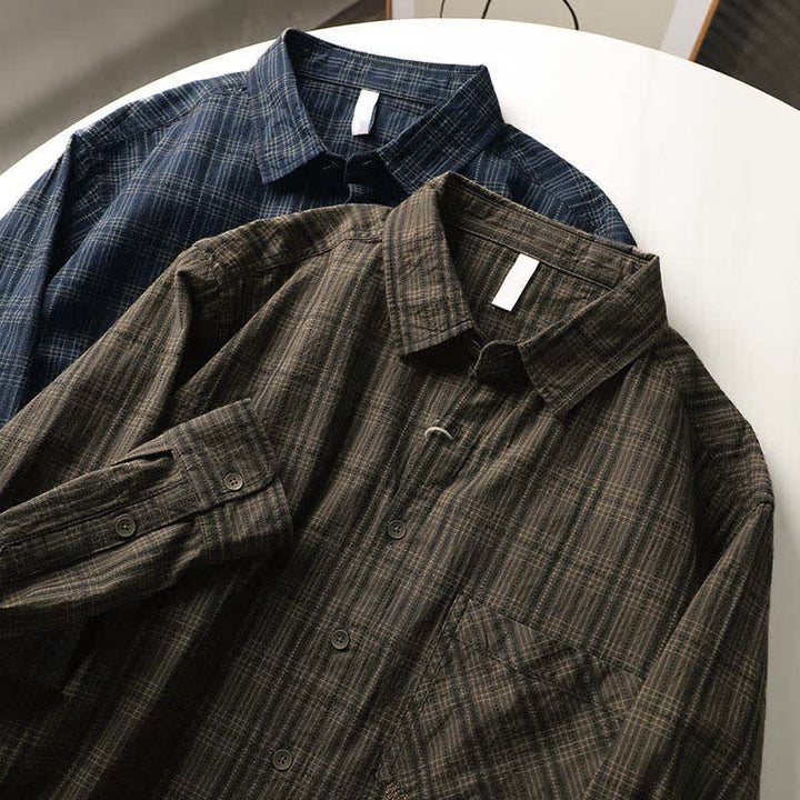 Buddha Stones Chemises à manches longues en coton pour homme, motif à carreaux brodé, avec poche, style automne - image 18