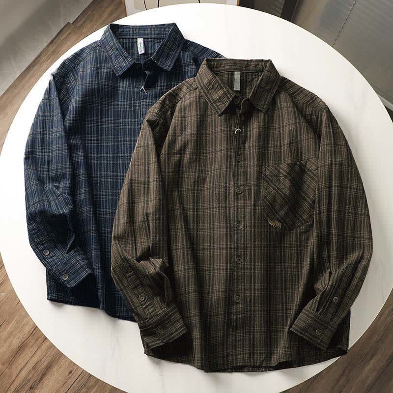 Buddha Stones Chemises à manches longues en coton pour homme, motif à carreaux brodé, avec poche, style automne - image 0