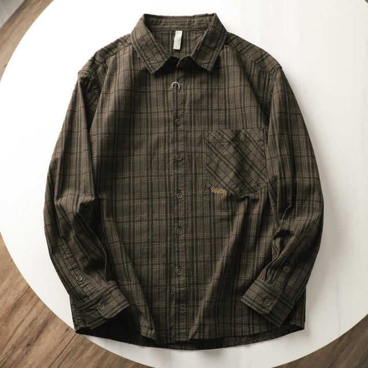 Buddha Stones Chemises à manches longues en coton pour homme, motif à carreaux brodé, avec poche, style automne - Vert olive foncé - US/UK/AU42，EU52 (3XL) - image 2