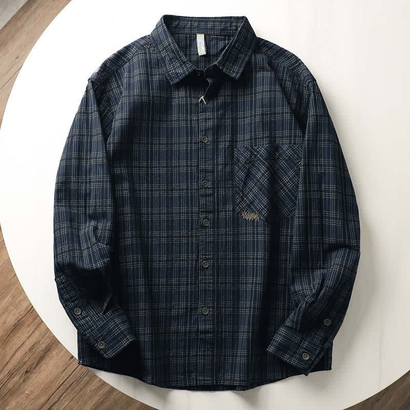 Buddha Stones Chemises à manches longues en coton pour homme, motif à carreaux brodé, avec poche, style automne - Bleu foncé - US/UK/AU42，EU52 (3XL) - image 1