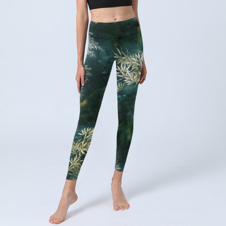 Buddha Stones Leggings de sport pour femmes, imprimé élégant de feuilles de bambou, pantalon de yoga - image 5