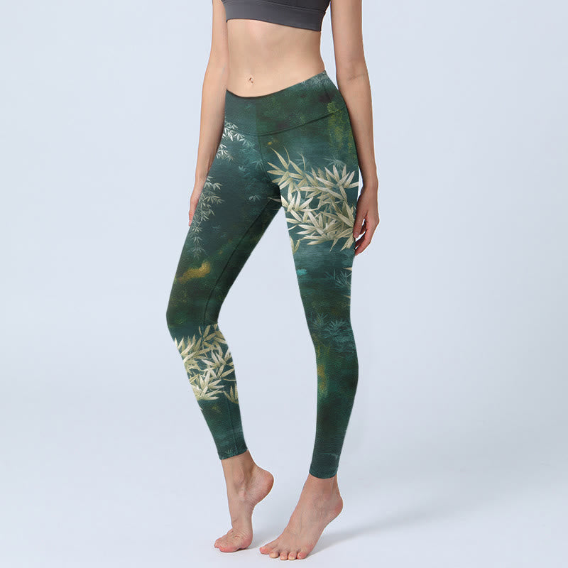 Buddha Stones Leggings de sport pour femmes, imprimé élégant de feuilles de bambou, pantalon de yoga - Vert foncé - US18，UK/AU22，EU50 (4XL) - image 0
