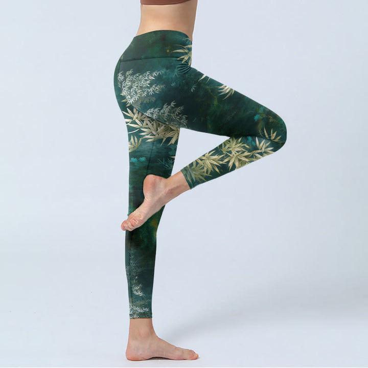 Buddha Stones Leggings de sport pour femmes, imprimé élégant de feuilles de bambou, pantalon de yoga - image 3