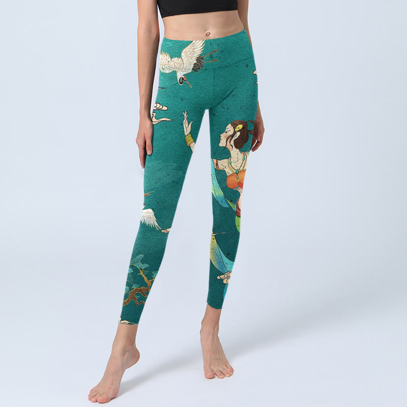 Buddha Stones Leggings de sport pour femmes, imprimé élégant de grues féeriques, de nuages ​​et de pins, style yoga - image 5
