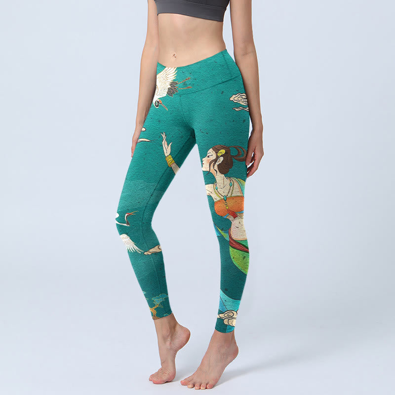 Buddha Stones Leggings de sport pour femmes, imprimé élégant de grues féeriques, de nuages ​​et de pins, style yoga - Vert clair - US18，UK/AU22，EU50 (4XL) - image 0