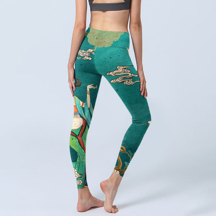 Buddha Stones Leggings de sport pour femmes, imprimé élégant de grues féeriques, de nuages ​​et de pins, style yoga - image 4