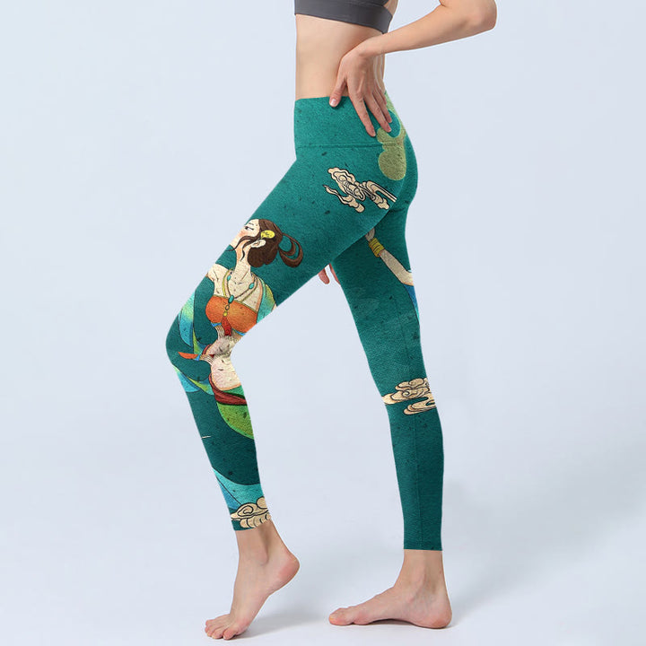 Buddha Stones Leggings de sport pour femmes, imprimé élégant de grues féeriques, de nuages ​​et de pins, style yoga - image 2