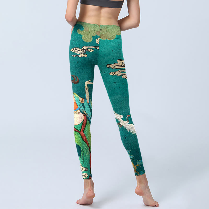 Buddha Stones Leggings de sport pour femmes, imprimé élégant de grues féeriques, de nuages ​​et de pins, style yoga - image 6