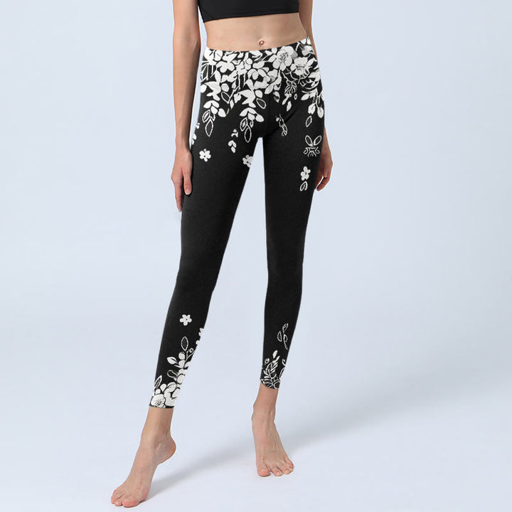 Buddha Stones Leggings de sport pour femmes, imprimé floral contrasté noir et blanc, pantalon de yoga - image 5