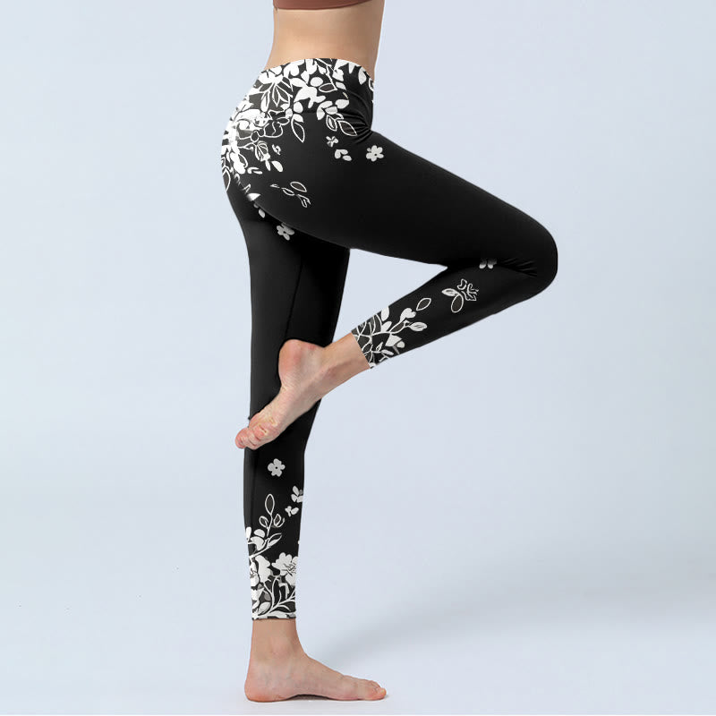 Buddha Stones Leggings de sport pour femmes, imprimé floral contrasté noir et blanc, pantalon de yoga - image 3