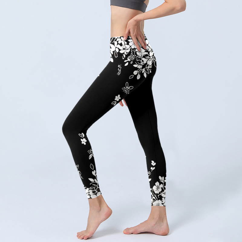 Buddha Stones Leggings de sport pour femmes, imprimé floral contrasté noir et blanc, pantalon de yoga - image 2