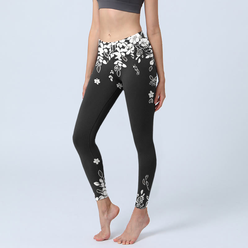 Buddha Stones Leggings de sport pour femmes, imprimé floral contrasté noir et blanc, pantalon de yoga - Noir - US18，UK/AU22，EU50 (4XL) - image 0