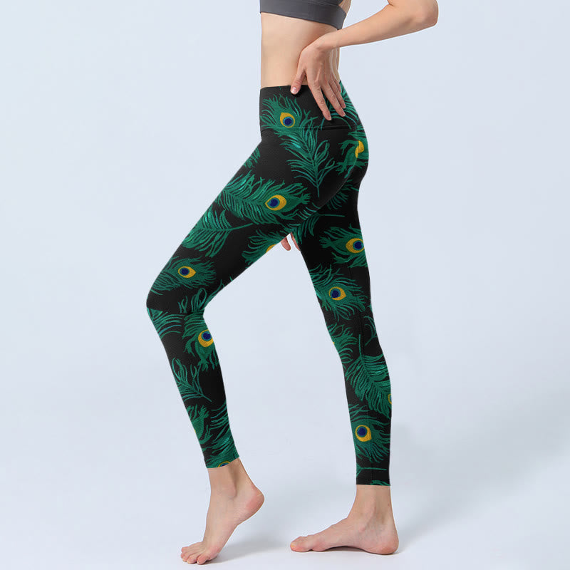 Buddha Stones Leggings de sport pour femmes avec imprimé plumes de paon rétro - image 2