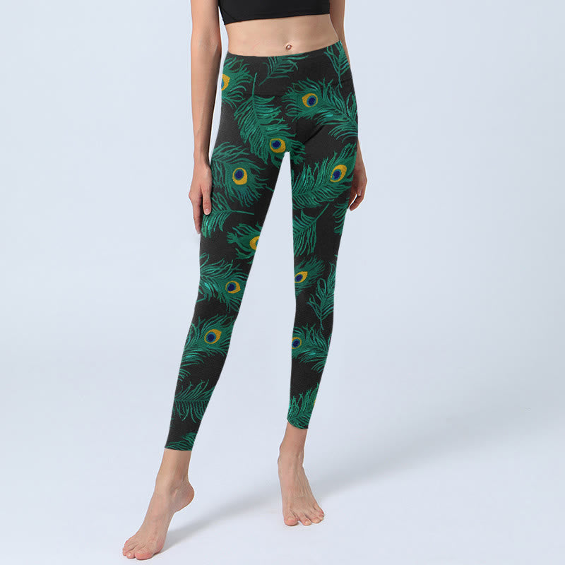 Buddha Stones Leggings de sport pour femmes avec imprimé plumes de paon rétro - image 5