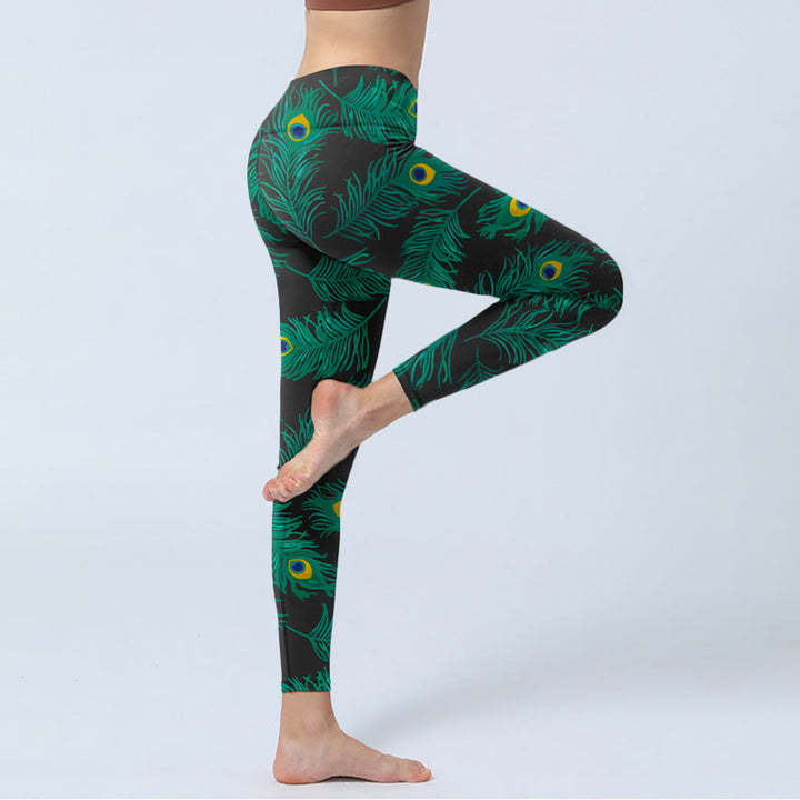 Buddha Stones Leggings de sport pour femmes avec imprimé plumes de paon rétro - image 3