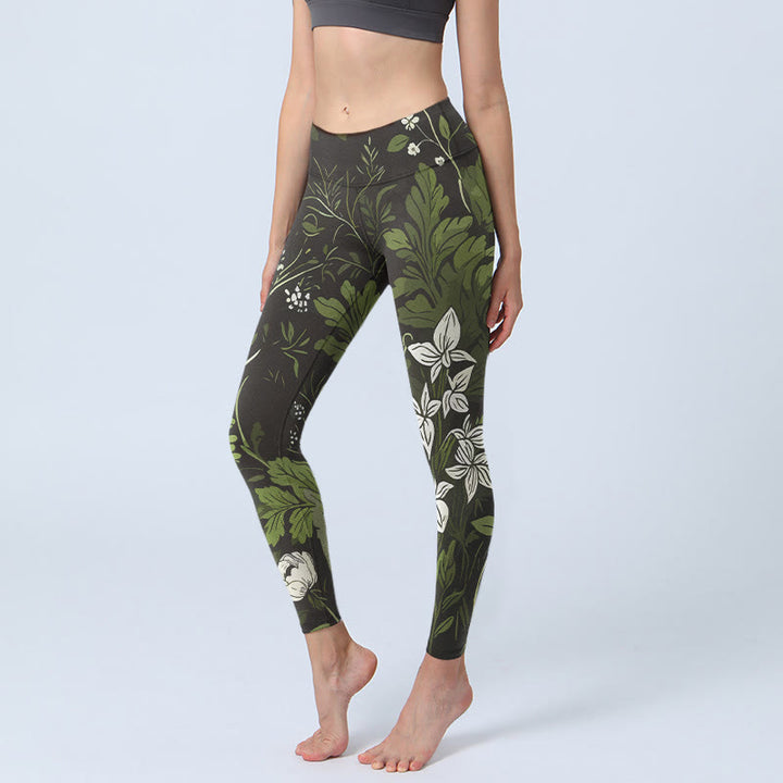 Buddha Stones Leggings de sport pour femmes, imprimé fleurs et feuilles rétro, pantalon de yoga - Noir - US18，UK/AU22，EU50 (4XL) - image 0