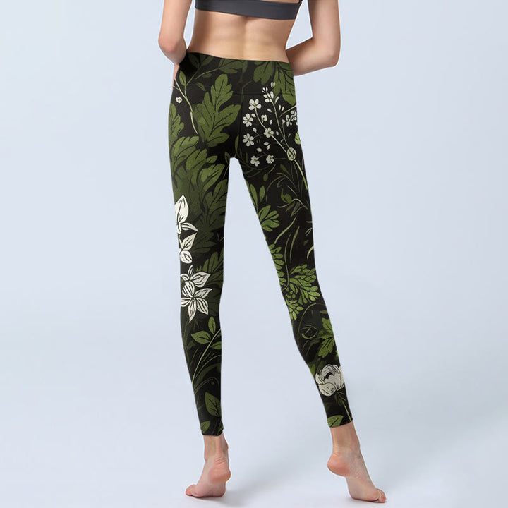 Buddha Stones Leggings de sport pour femmes, imprimé fleurs et feuilles rétro, pantalon de yoga - image 6