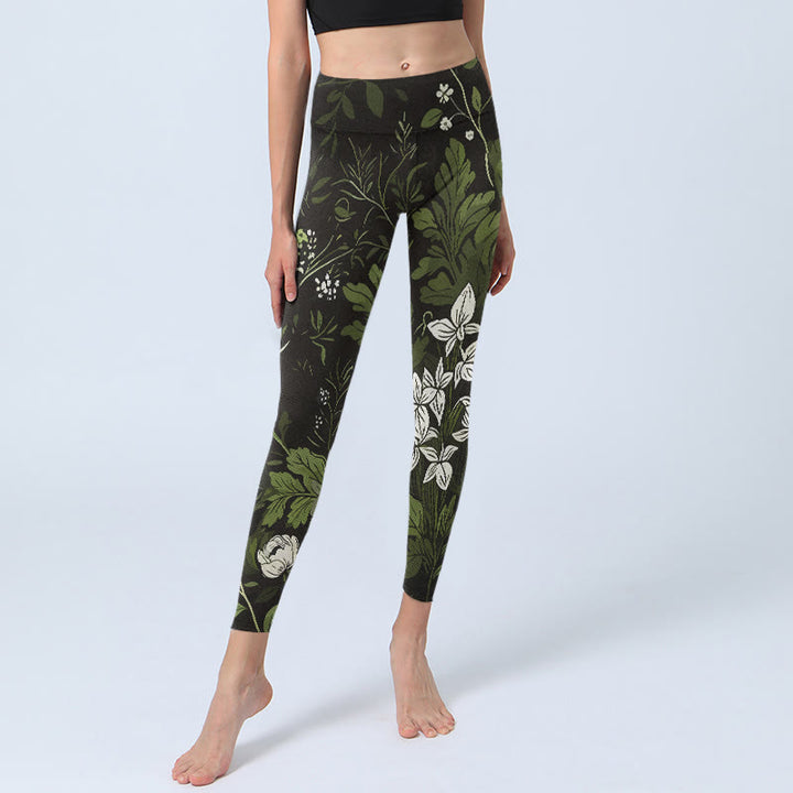 Buddha Stones Leggings de sport pour femmes, imprimé fleurs et feuilles rétro, pantalon de yoga - image 5