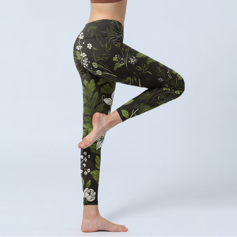 Buddha Stones Leggings de sport pour femmes, imprimé fleurs et feuilles rétro, pantalon de yoga - image 3