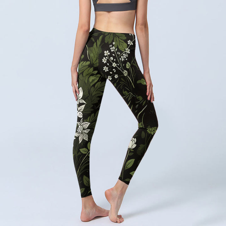 Buddha Stones Leggings de sport pour femmes, imprimé fleurs et feuilles rétro, pantalon de yoga - image 4