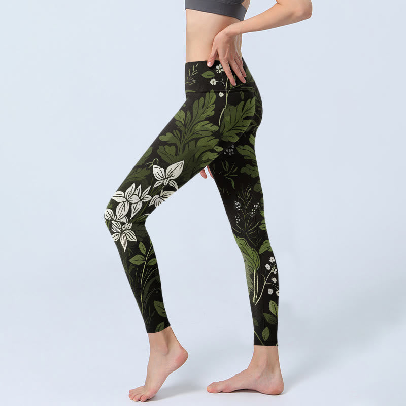 Buddha Stones Leggings de sport pour femmes, imprimé fleurs et feuilles rétro, pantalon de yoga - image 2