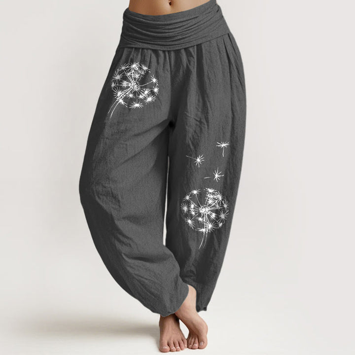 Buddha Stones Pantalon harem femme en pur coton à motif pissenlit épuré et taille élastique - Gris terne - US16，UK/AU20，EU48 (3XL) - image 0
