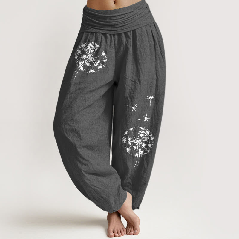 Buddha Stones Pantalon harem femme en pur coton à motif pissenlit épuré et taille élastique - Gris terne - US16，UK/AU20，EU48 (3XL) - image 0