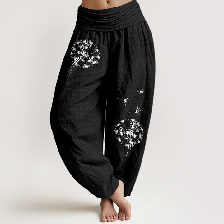 Buddha Stones Pantalon harem femme en pur coton à motif pissenlit épuré et taille élastique - Noir - US16，UK/AU20，EU48 (3XL) - image 5