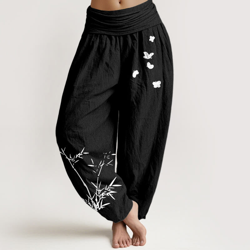 Buddha Stones Pantalon harem pour femme en pur coton à motif papillon en bambou et taille élastique - Noir - US16，UK/AU20，EU48 (3XL) - image 0