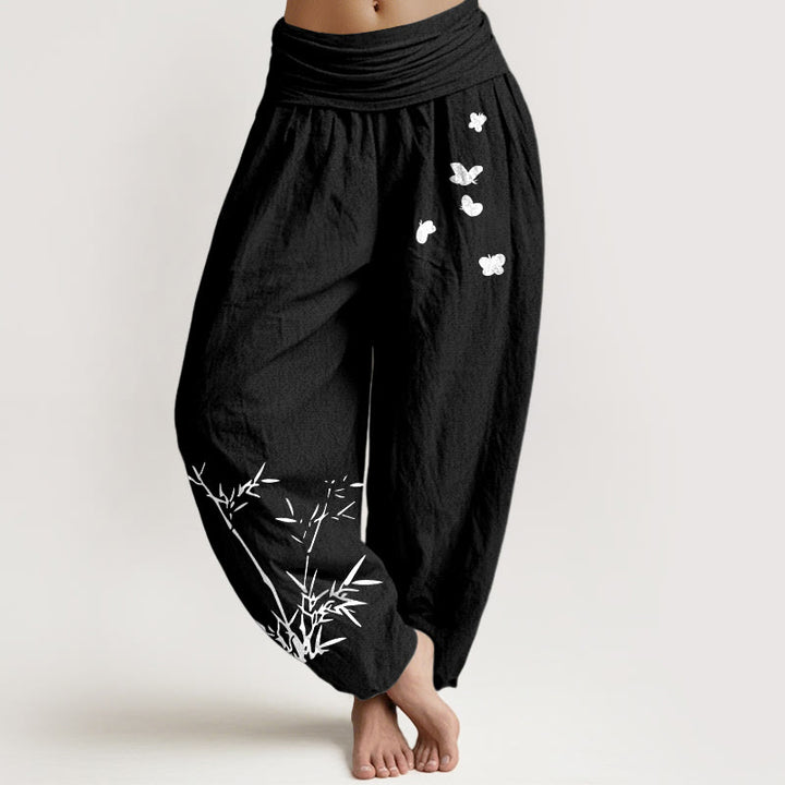 Buddha Stones Pantalon harem pour femme en pur coton à motif papillon en bambou et taille élastique - Noir - US16，UK/AU20，EU48 (3XL) - image 0
