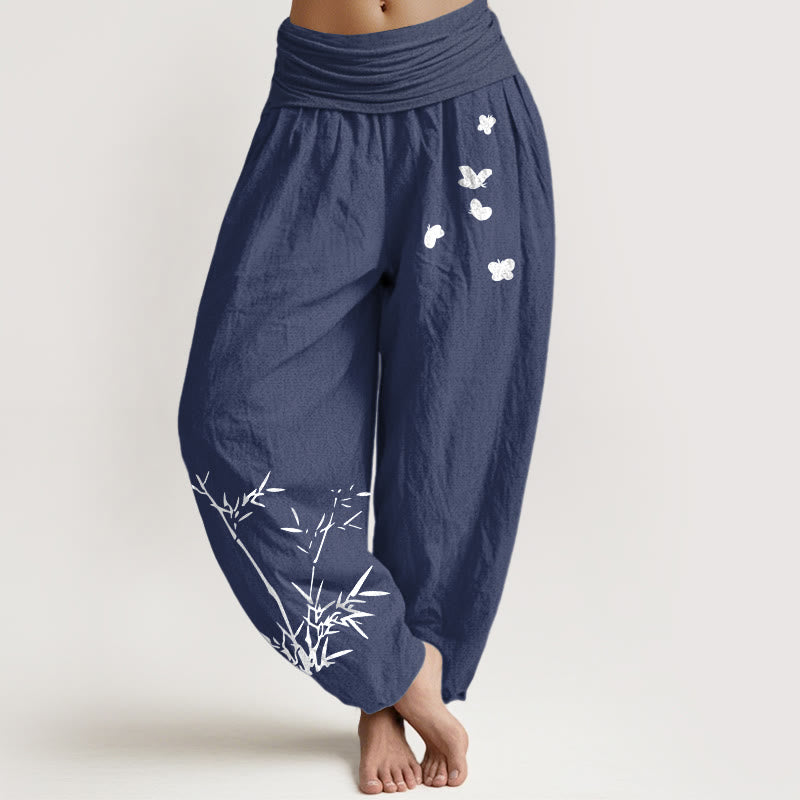 Buddha Stones Pantalon harem pour femme en pur coton à motif papillon en bambou et taille élastique - Bleu ardoise foncé - US16，UK/AU20，EU48 (3XL) - image 5