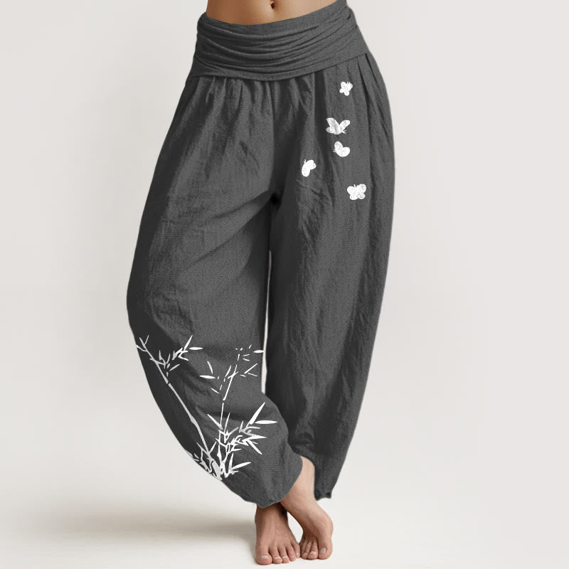 Buddha Stones Pantalon harem pour femme en pur coton à motif papillon en bambou et taille élastique - Gris terne - US16，UK/AU20，EU48 (3XL) - image 8