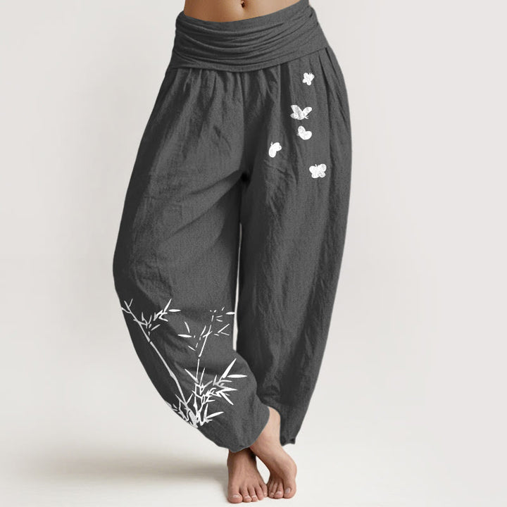 Buddha Stones Pantalon harem pour femme en pur coton à motif papillon en bambou et taille élastique - Gris terne - US16，UK/AU20，EU48 (3XL) - image 8