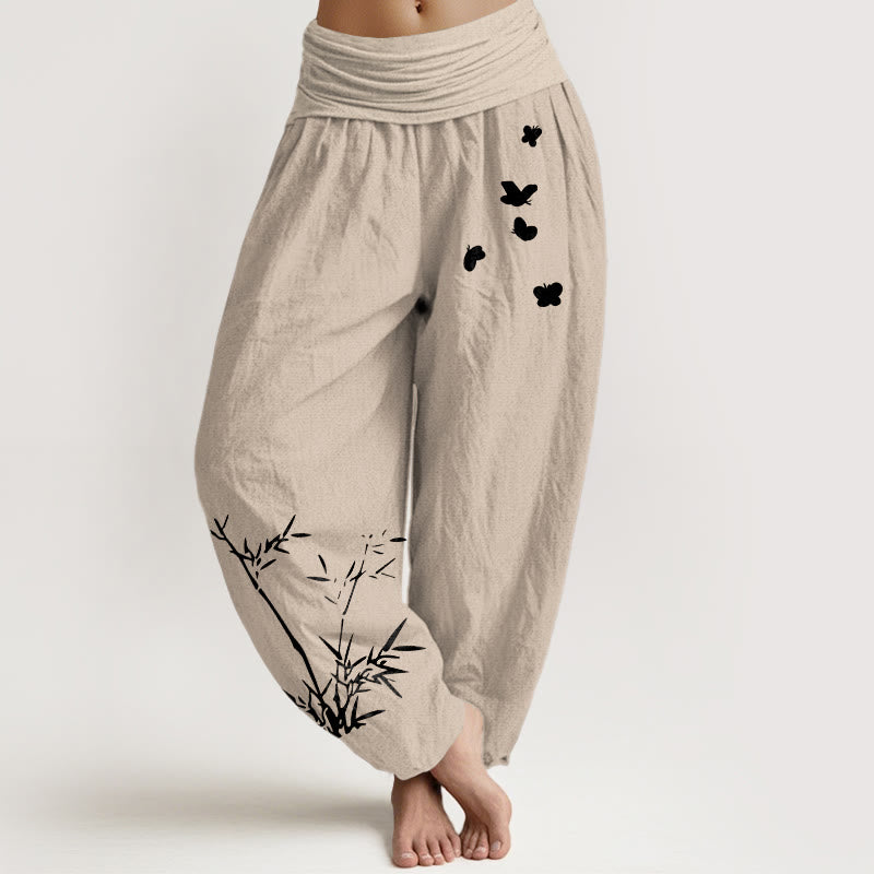 Buddha Stones Pantalon harem pour femme en pur coton à motif papillon en bambou et taille élastique - Tanné - US16，UK/AU20，EU48 (3XL) - image 11