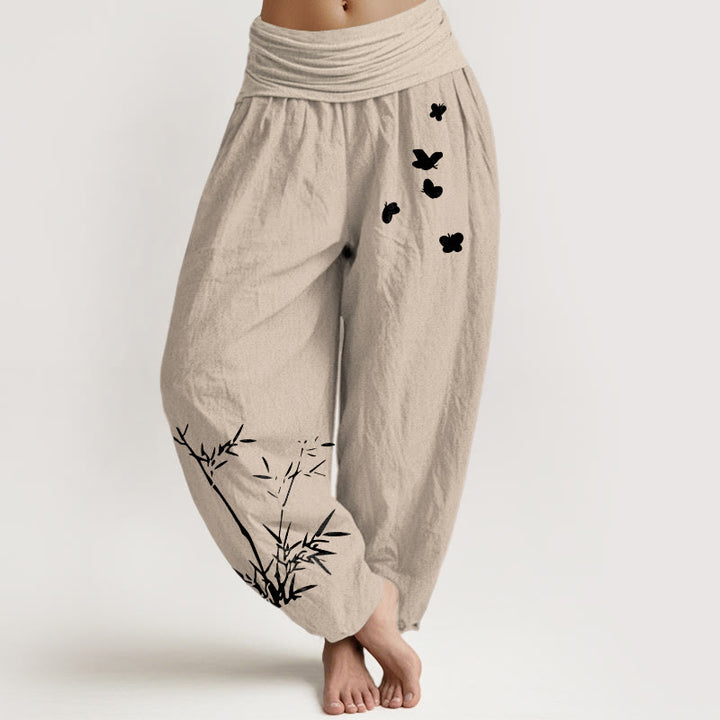 Buddha Stones Pantalon harem pour femme en pur coton à motif papillon en bambou et taille élastique - Tanné - US16，UK/AU20，EU48 (3XL) - image 11