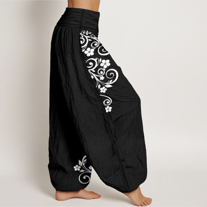 Buddha Stones Pantalon harem pour femme en pur coton, élégant, à motif floral et vigne, taille élastique. - image 2