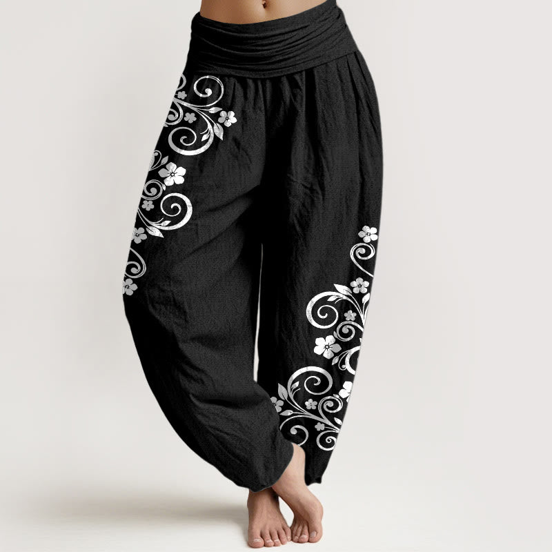 Buddha Stones Pantalon harem pour femme en pur coton, élégant, à motif floral et vigne, taille élastique. - Noir - US16，UK/AU20，EU48 (3XL) - image 0