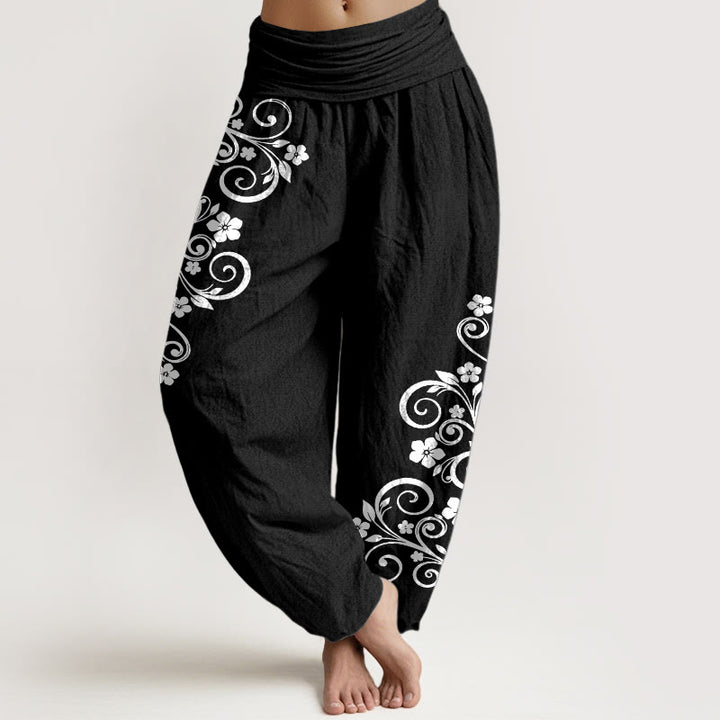 Buddha Stones Pantalon harem pour femme en pur coton, élégant, à motif floral et vigne, taille élastique. - Noir - US16，UK/AU20，EU48 (3XL) - image 0