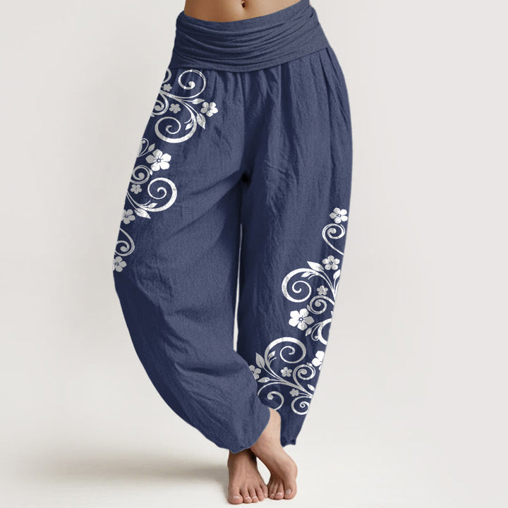 Buddha Stones Pantalon harem pour femme en pur coton, élégant, à motif floral et vigne, taille élastique. - Bleu ardoise foncé - US16，UK/AU20，EU48 (3XL) - image 5