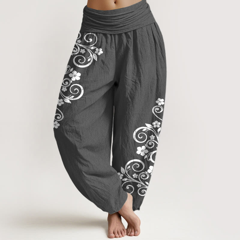 Buddha Stones Pantalon harem pour femme en pur coton, élégant, à motif floral et vigne, taille élastique. - Gris terne - US16，UK/AU20，EU48 (3XL) - image 8