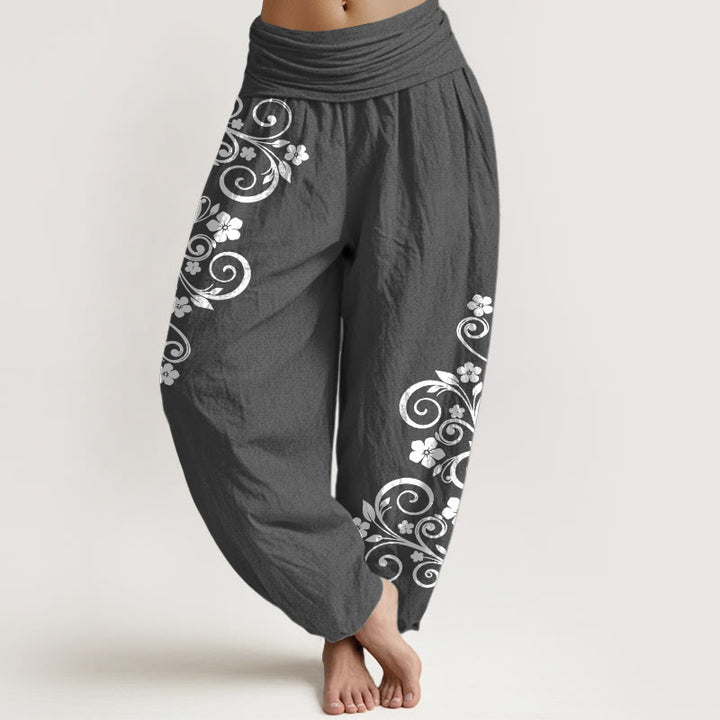 Buddha Stones Pantalon harem pour femme en pur coton, élégant, à motif floral et vigne, taille élastique. - Gris terne - US16，UK/AU20，EU48 (3XL) - image 8