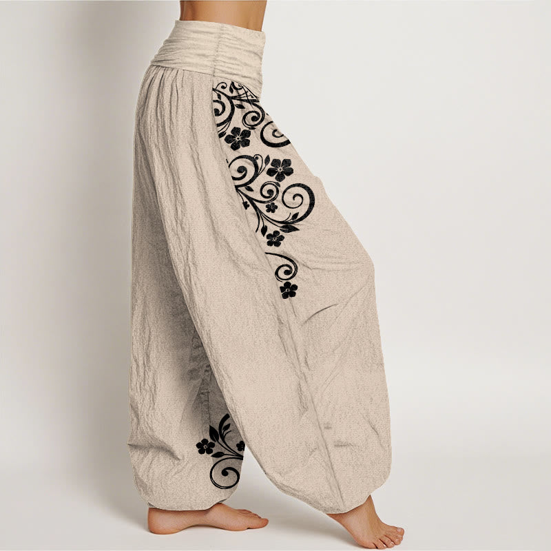 Buddha Stones Pantalon harem pour femme en pur coton, élégant, à motif floral et vigne, taille élastique. - image 13