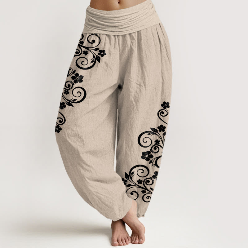 Buddha Stones Pantalon harem pour femme en pur coton, élégant, à motif floral et vigne, taille élastique. - Tanné - US16，UK/AU20，EU48 (3XL) - image 11