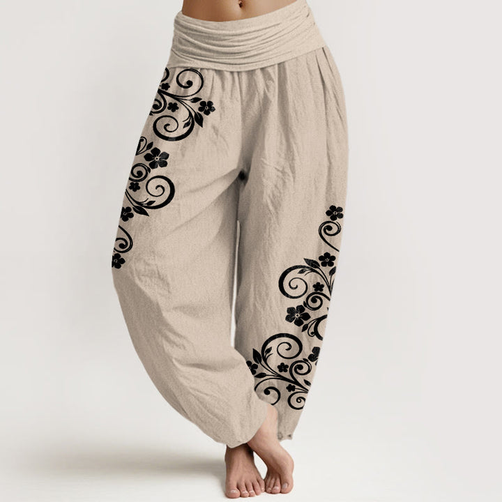 Buddha Stones Pantalon harem pour femme en pur coton, élégant, à motif floral et vigne, taille élastique. - Tanné - US16，UK/AU20，EU48 (3XL) - image 11