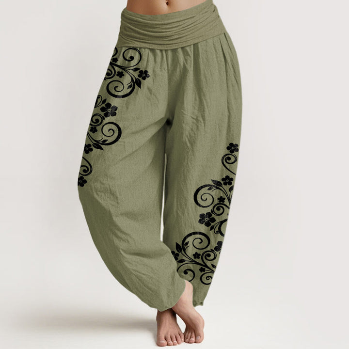 Buddha Stones Pantalon harem pour femme en pur coton, élégant, à motif floral et vigne, taille élastique. - Vert olive - US16，UK/AU20，EU48 (3XL) - image 14