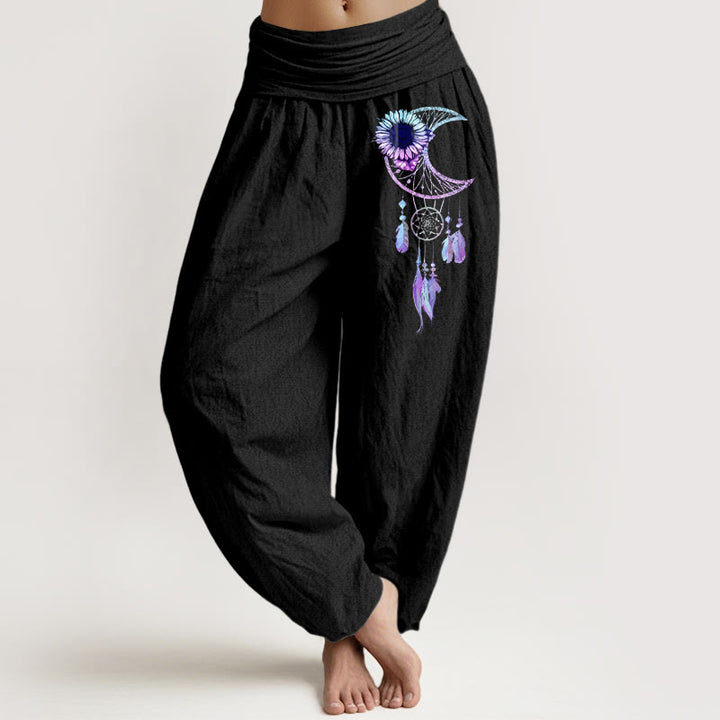 Buddha Stones Pantalon harem pour femme en pur coton, élégant, à motif de fleurs de lune et de plumes, taille élastique - Noir - US16，UK/AU20，EU48 (3XL) - image 0